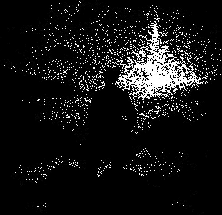 A figure looking toward a glowing city